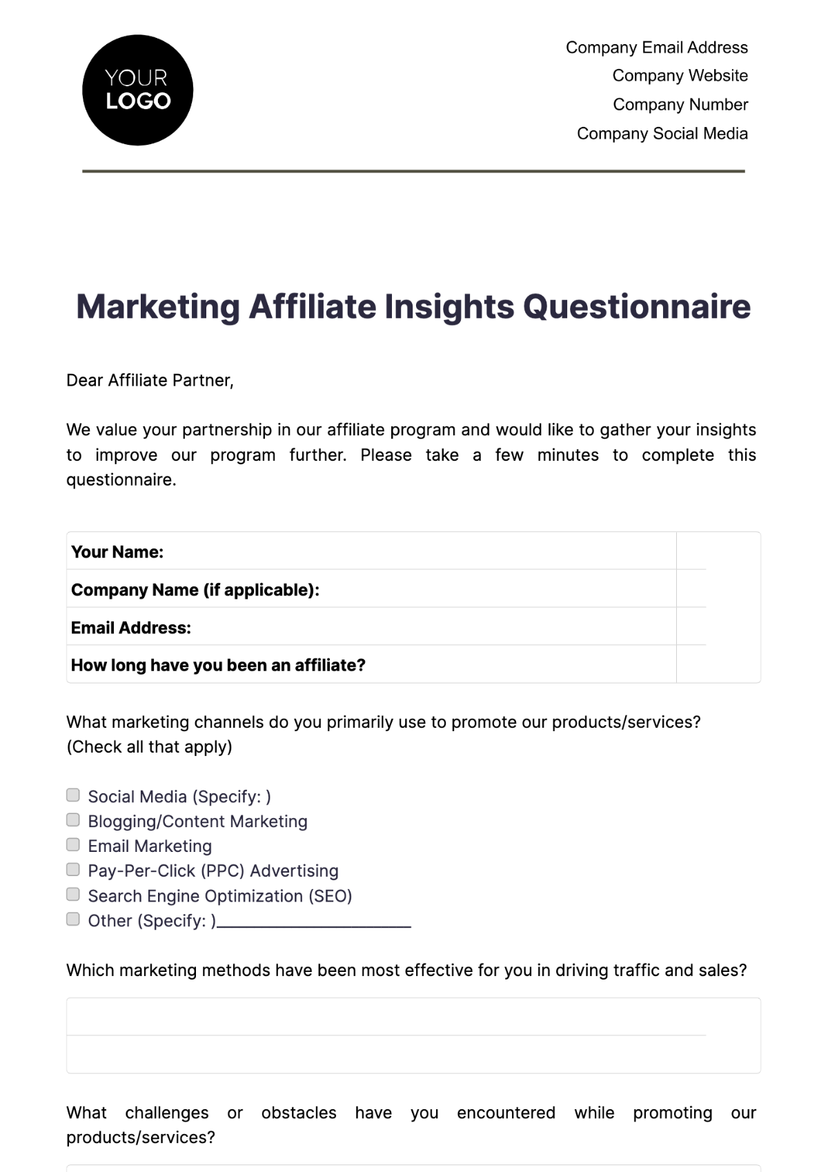 Marketing Affiliate Insights Questionnaire Template - Edit Online & Download