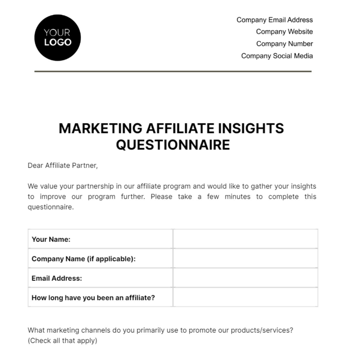 Free Marketing Affiliate Insights Questionnaire Template