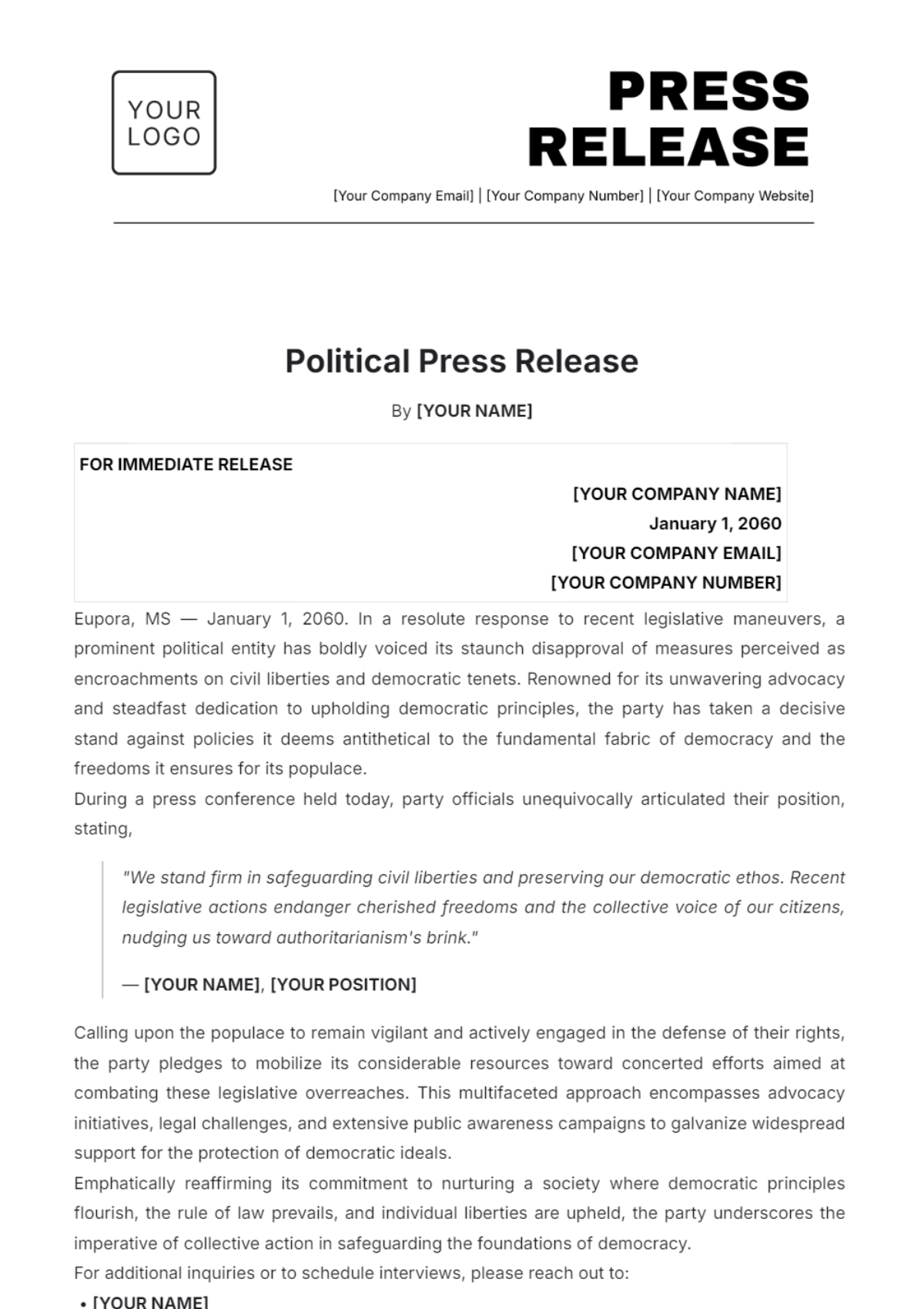 Political Press Release Template