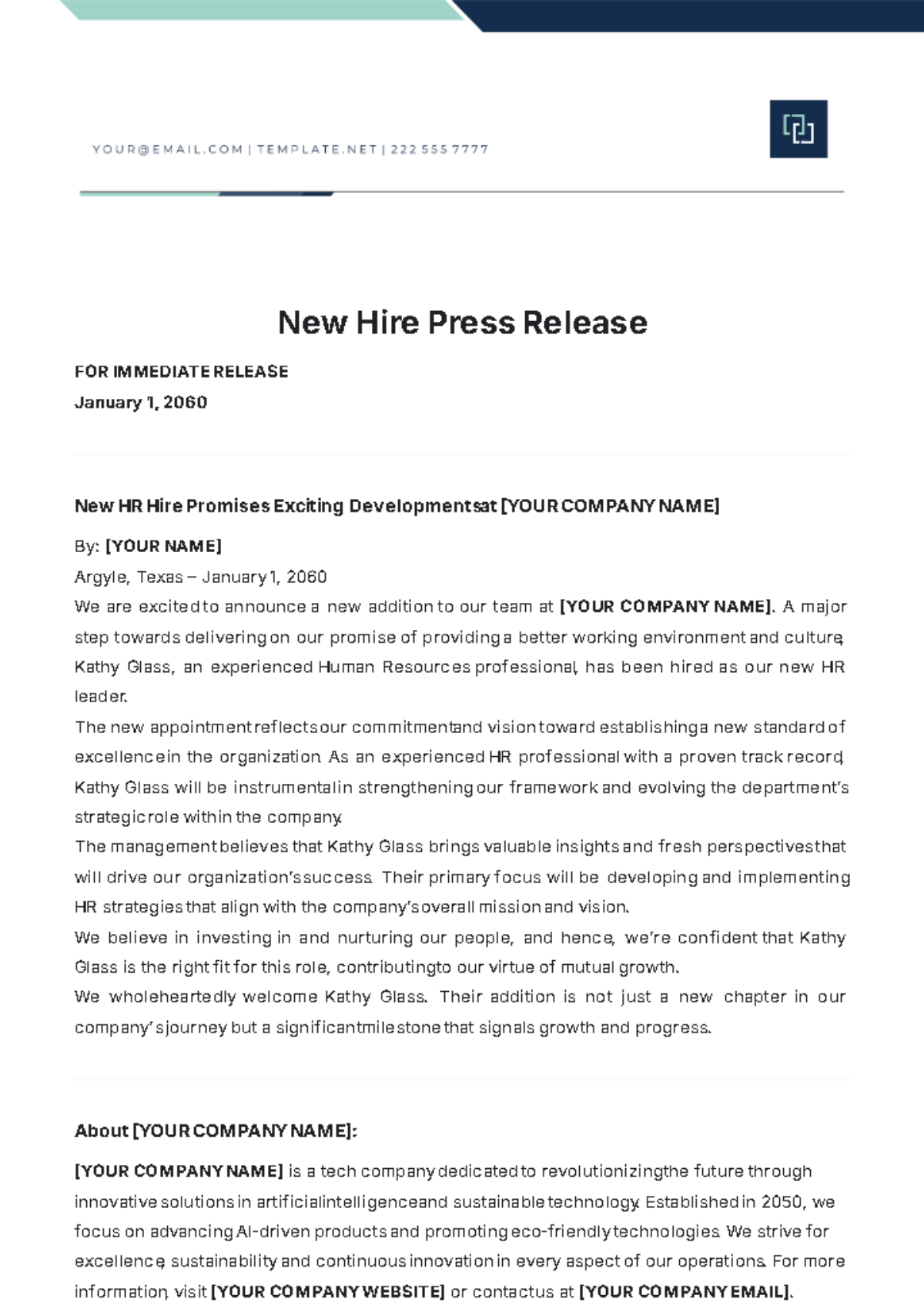 New Hire Press Release Template