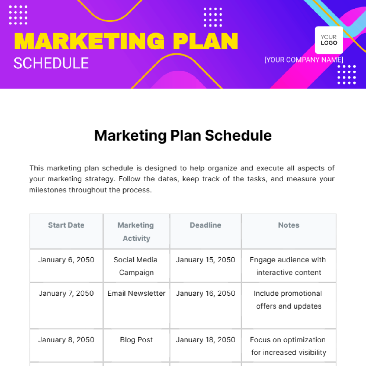 Marketing Plan Schedule Template