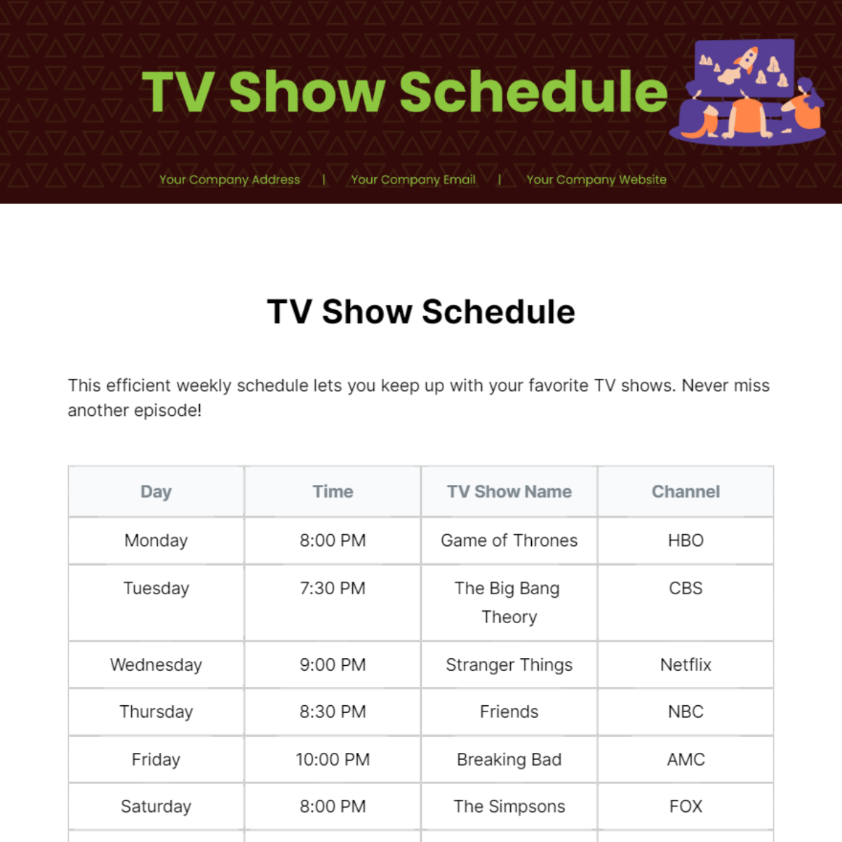 Free TV Show Schedule Template