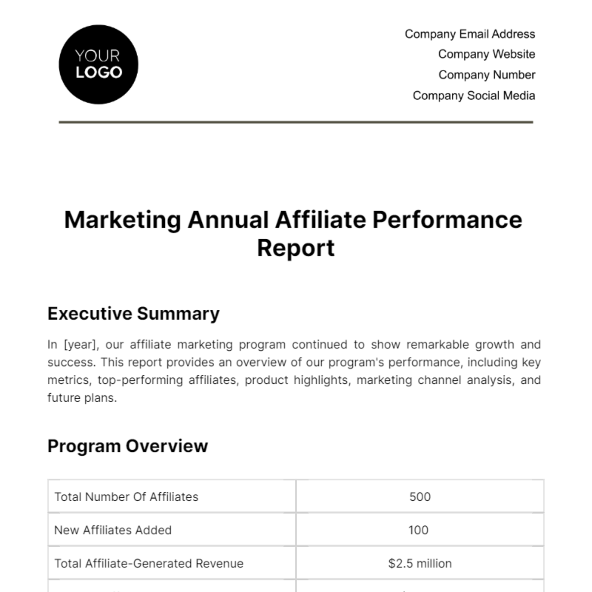 Free Marketing Annual Affiliate Performance Report Template