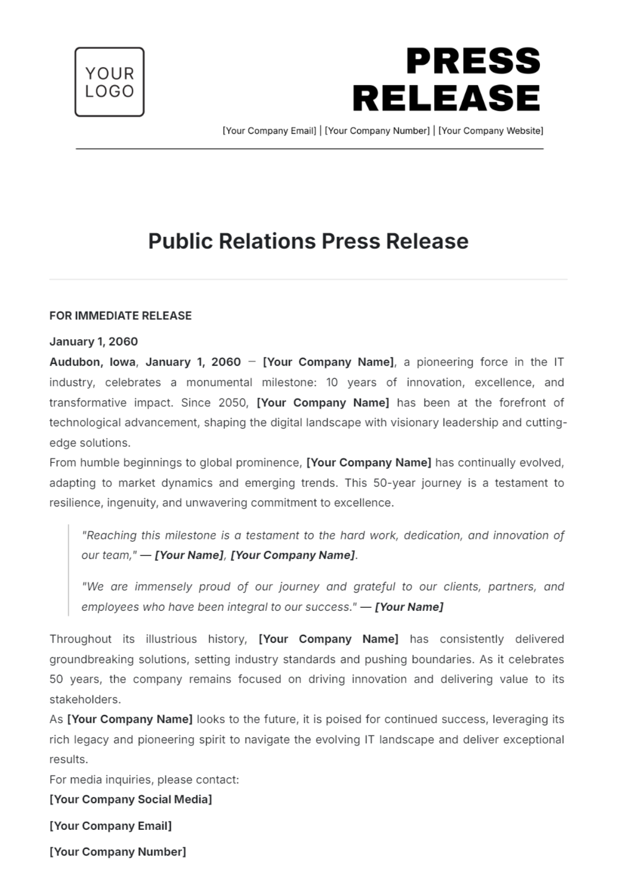 Public Relations Press Release Template - Edit Online & Download