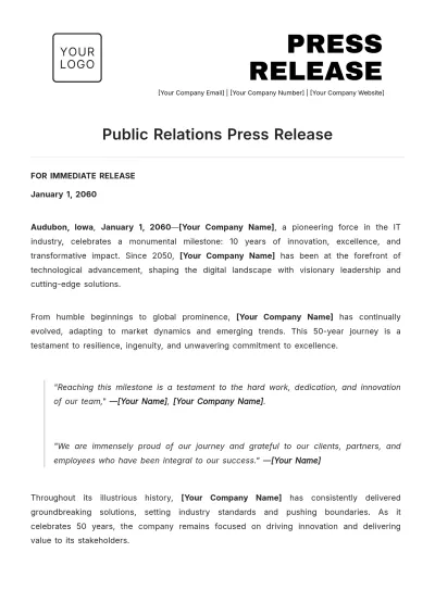 Free Public Relations Press Release Template to Edit Online