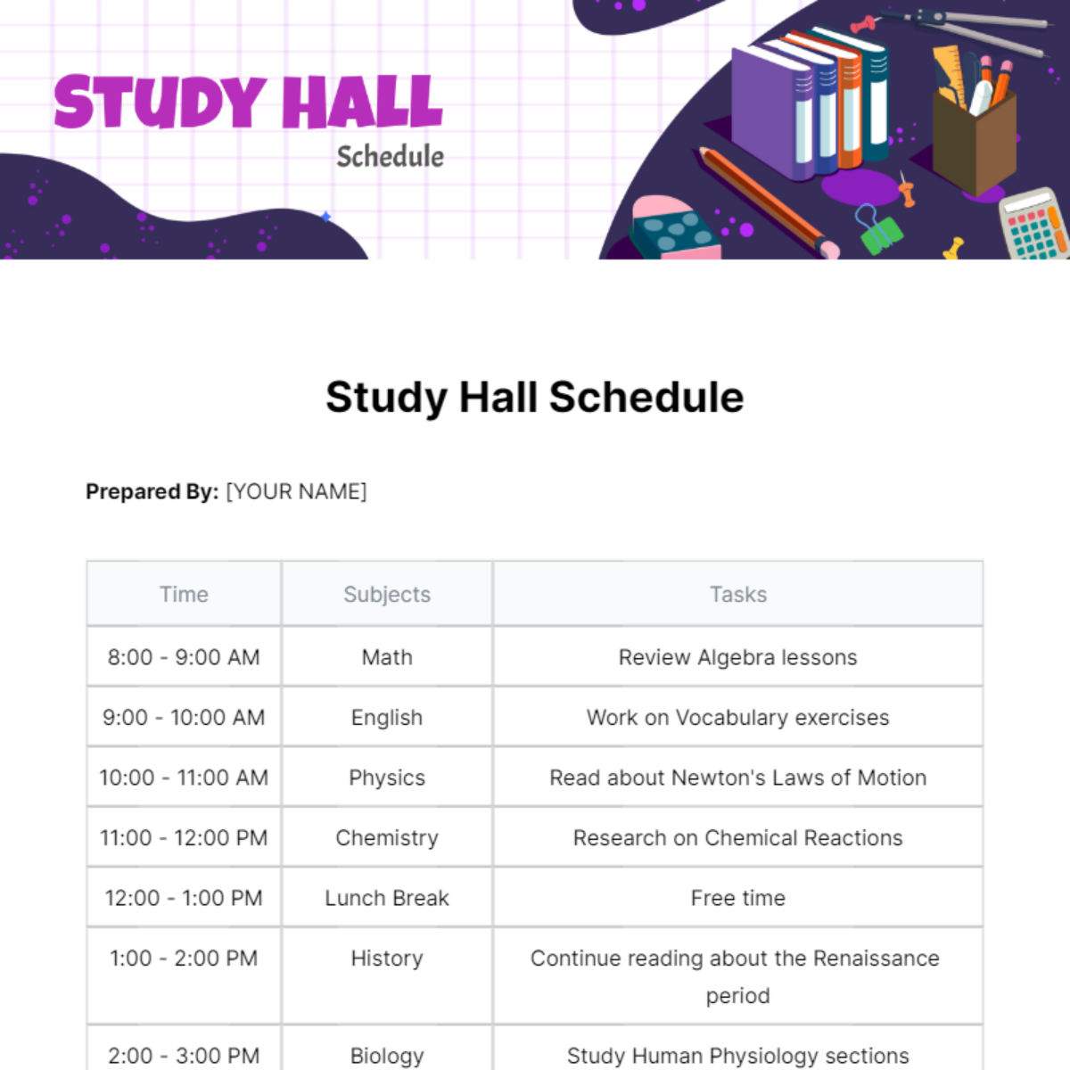 Free Study Hall Schedule Template