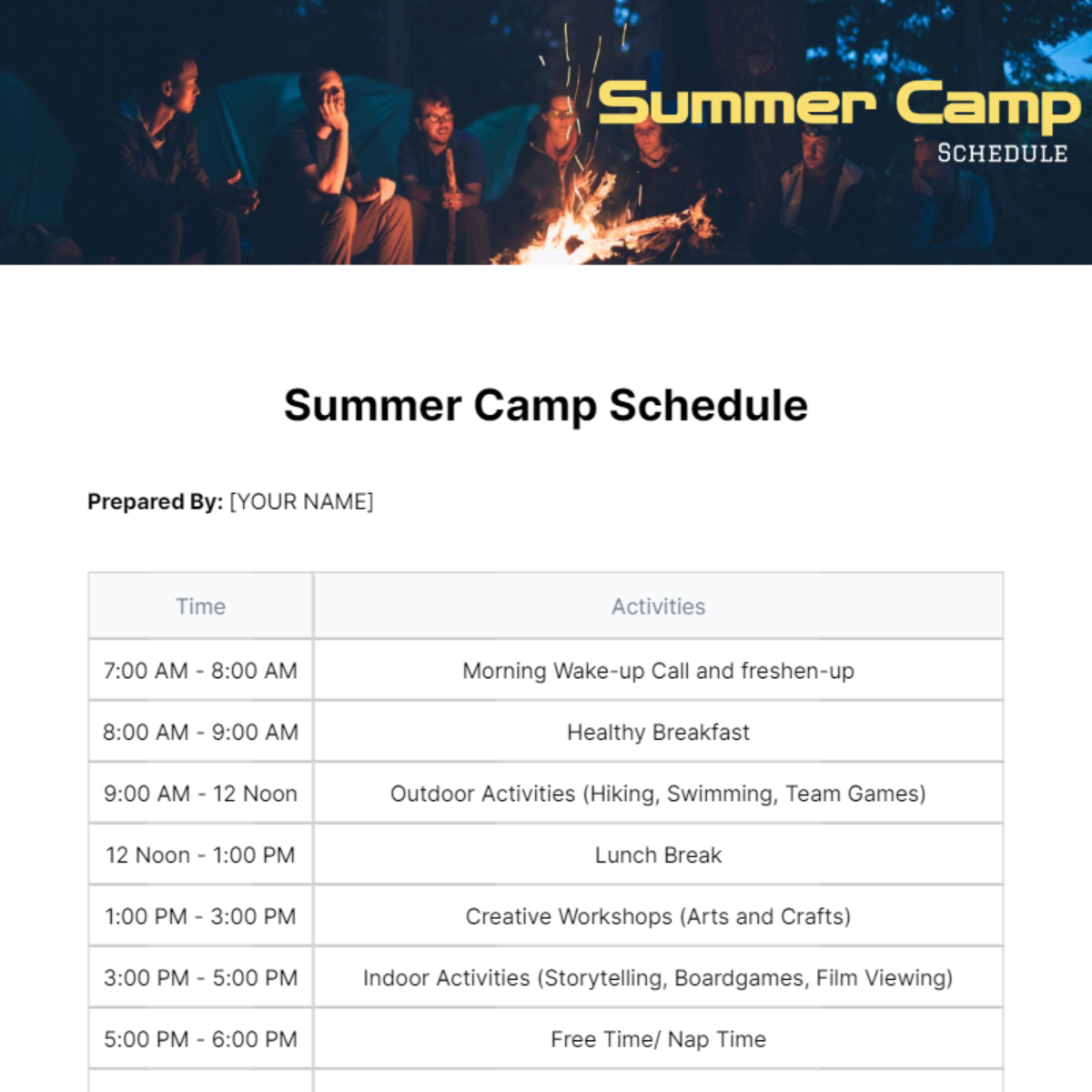 Free Summer Camp Schedule Template