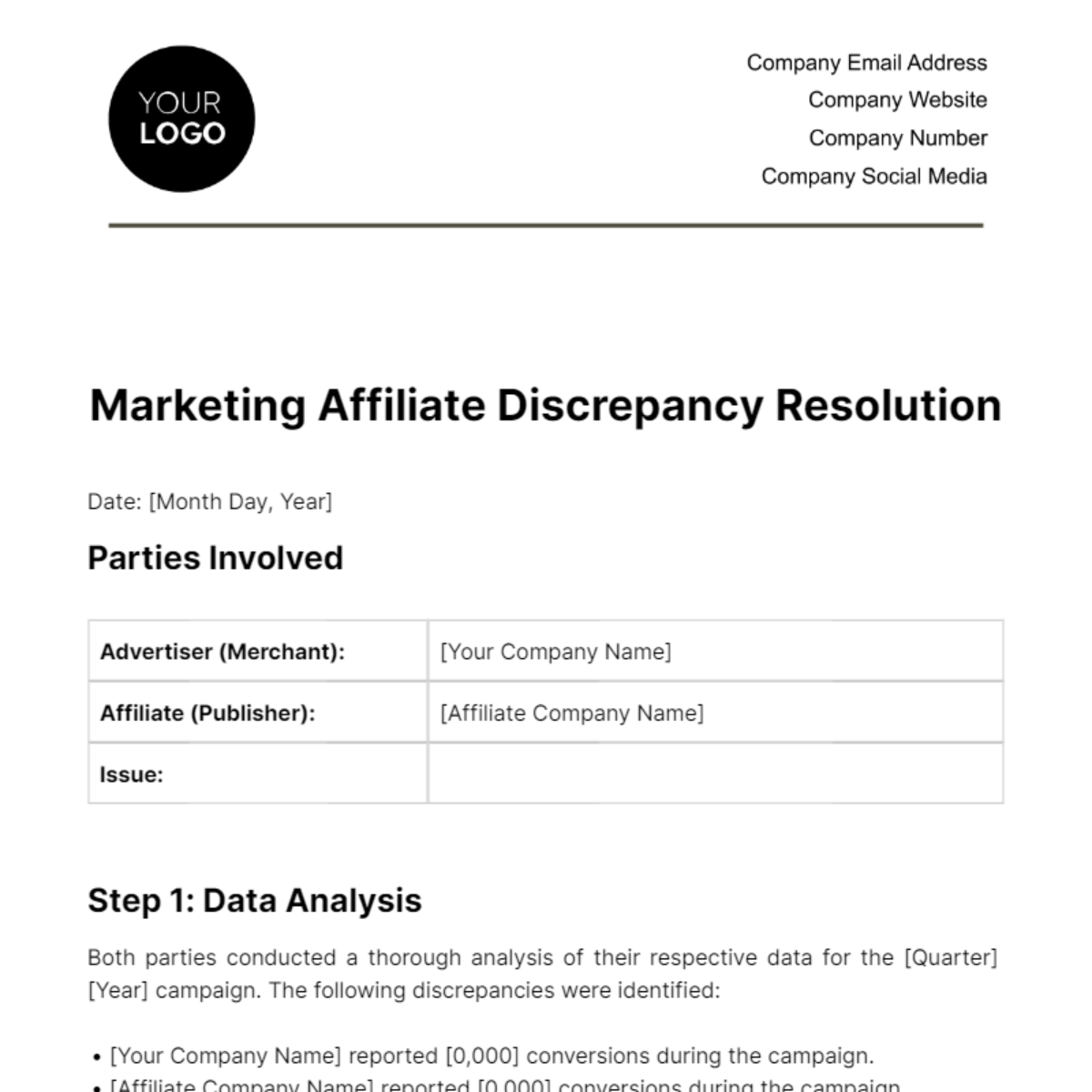 Marketing Affiliate Discrepancy Resolution Template