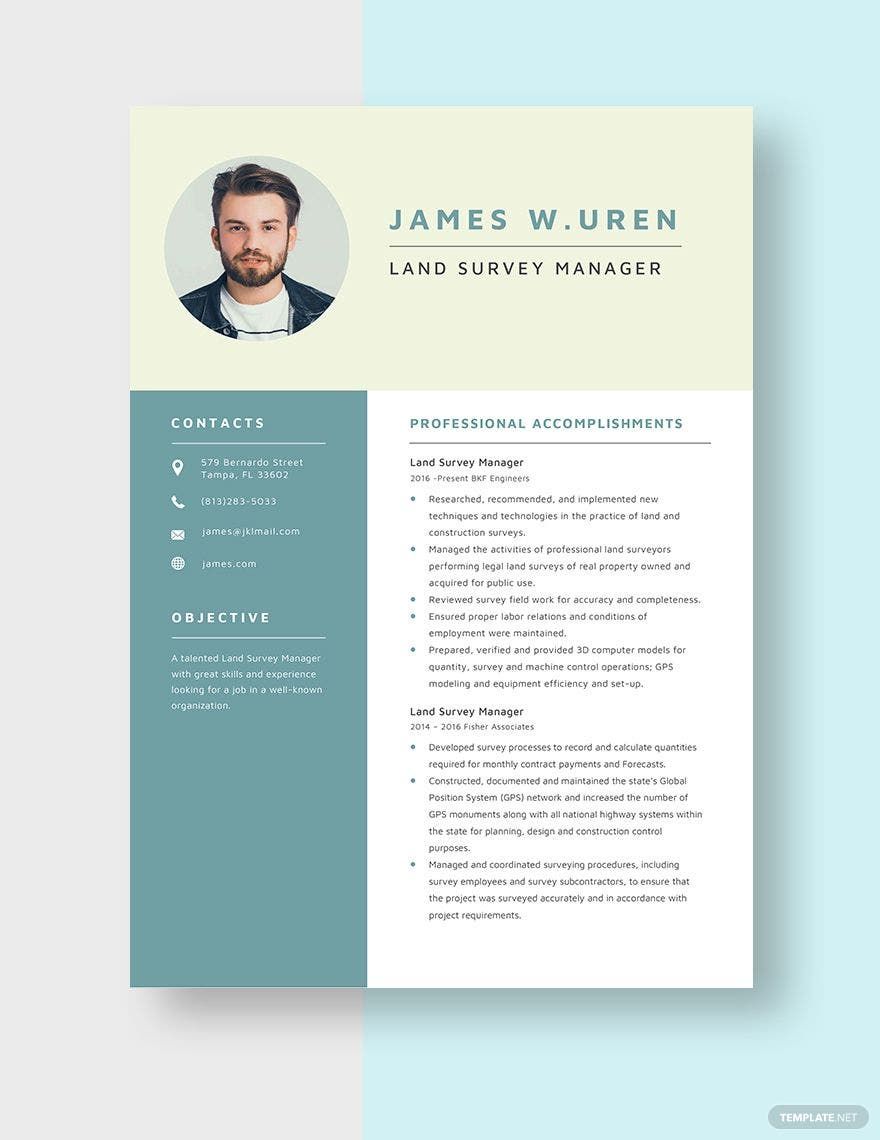 Free Land Survey Manager Resume Template