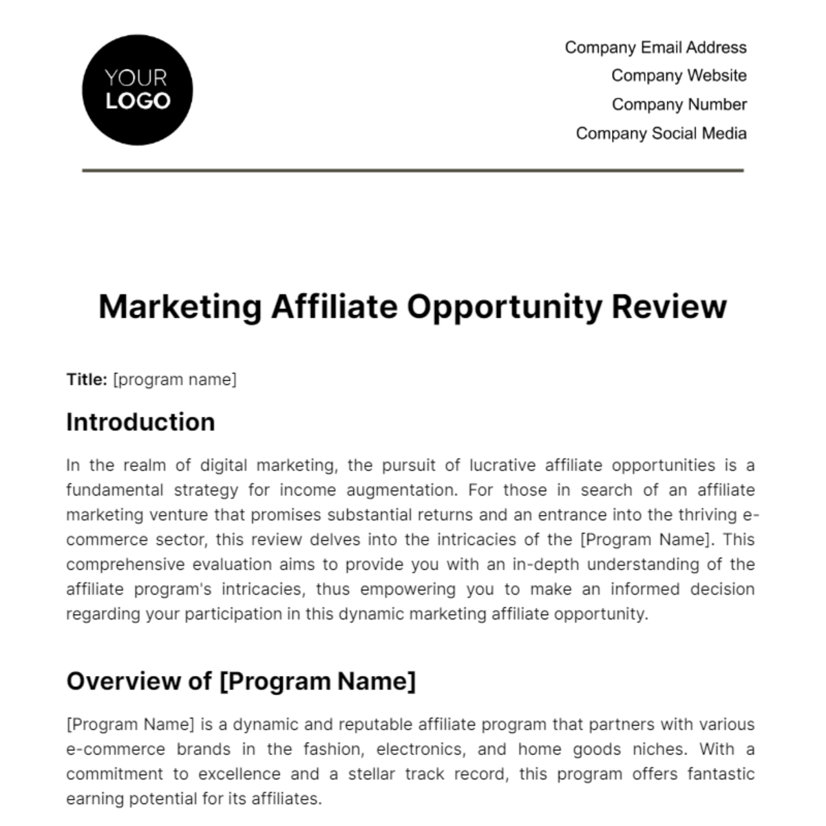 Free Marketing Affiliate Opportunity Review Template