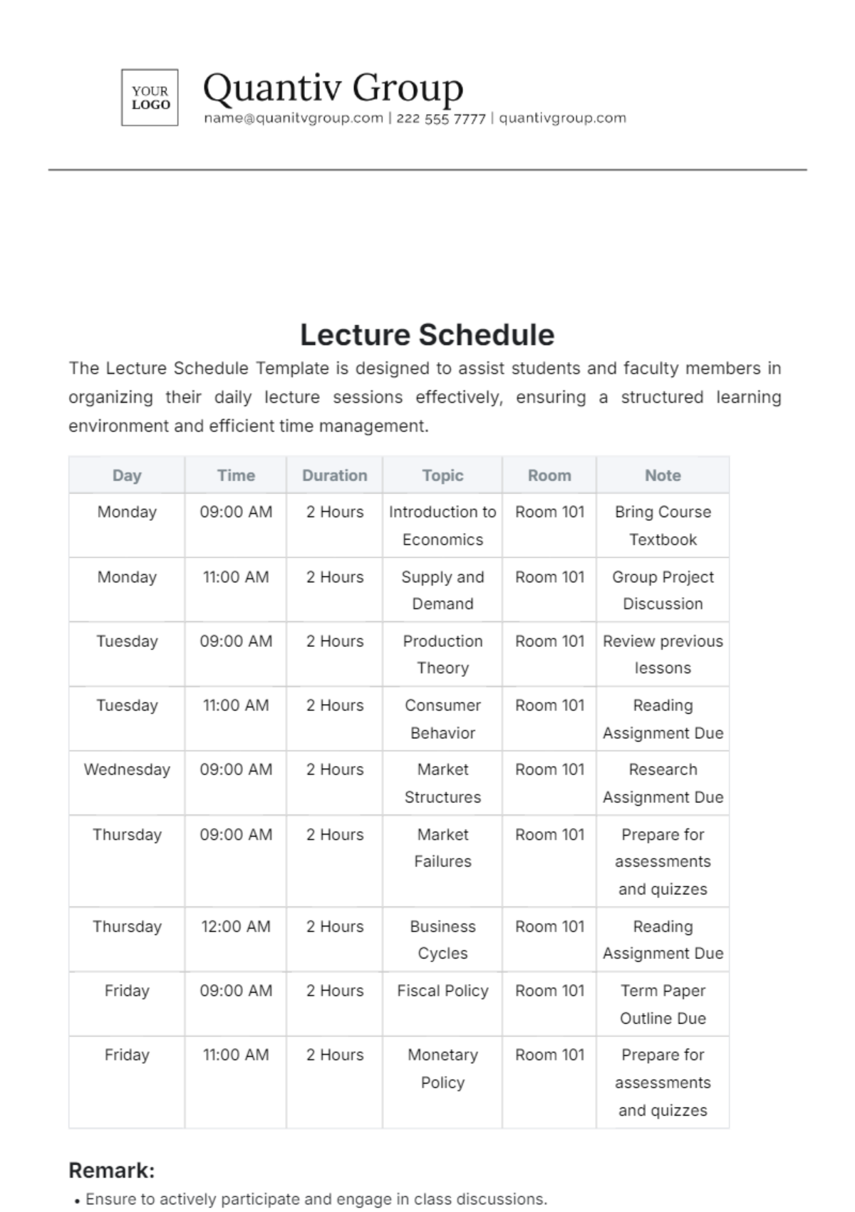 Lecture Schedule Template - Edit Online & Download