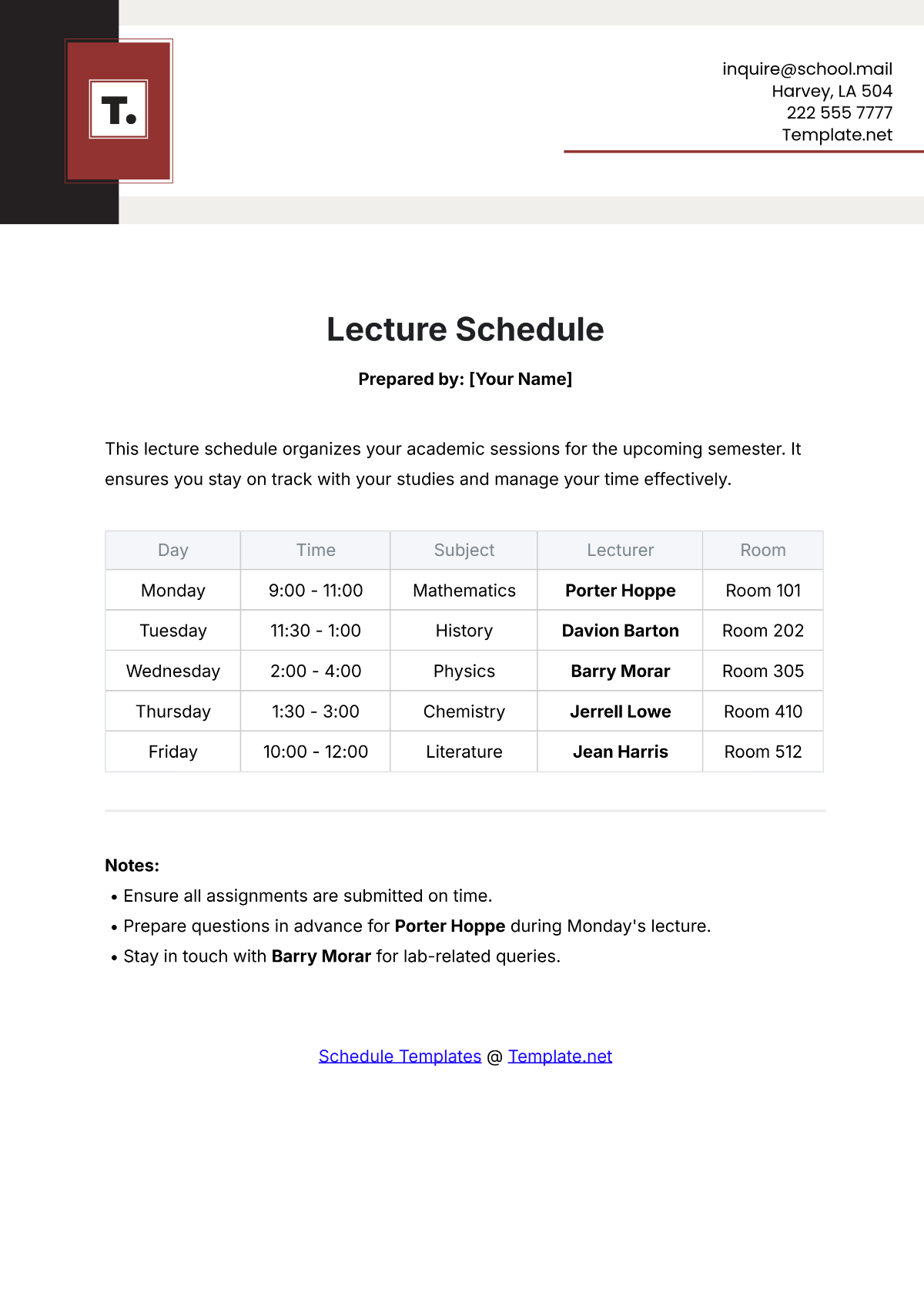 Free Lecture Schedule Template Edit Online Download Template