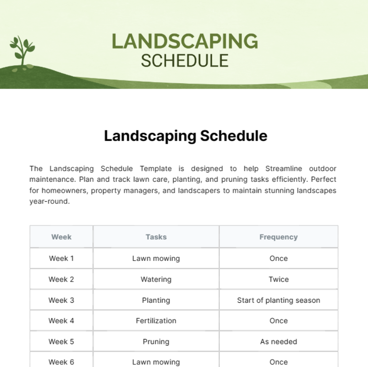 Landscaping Schedule Template