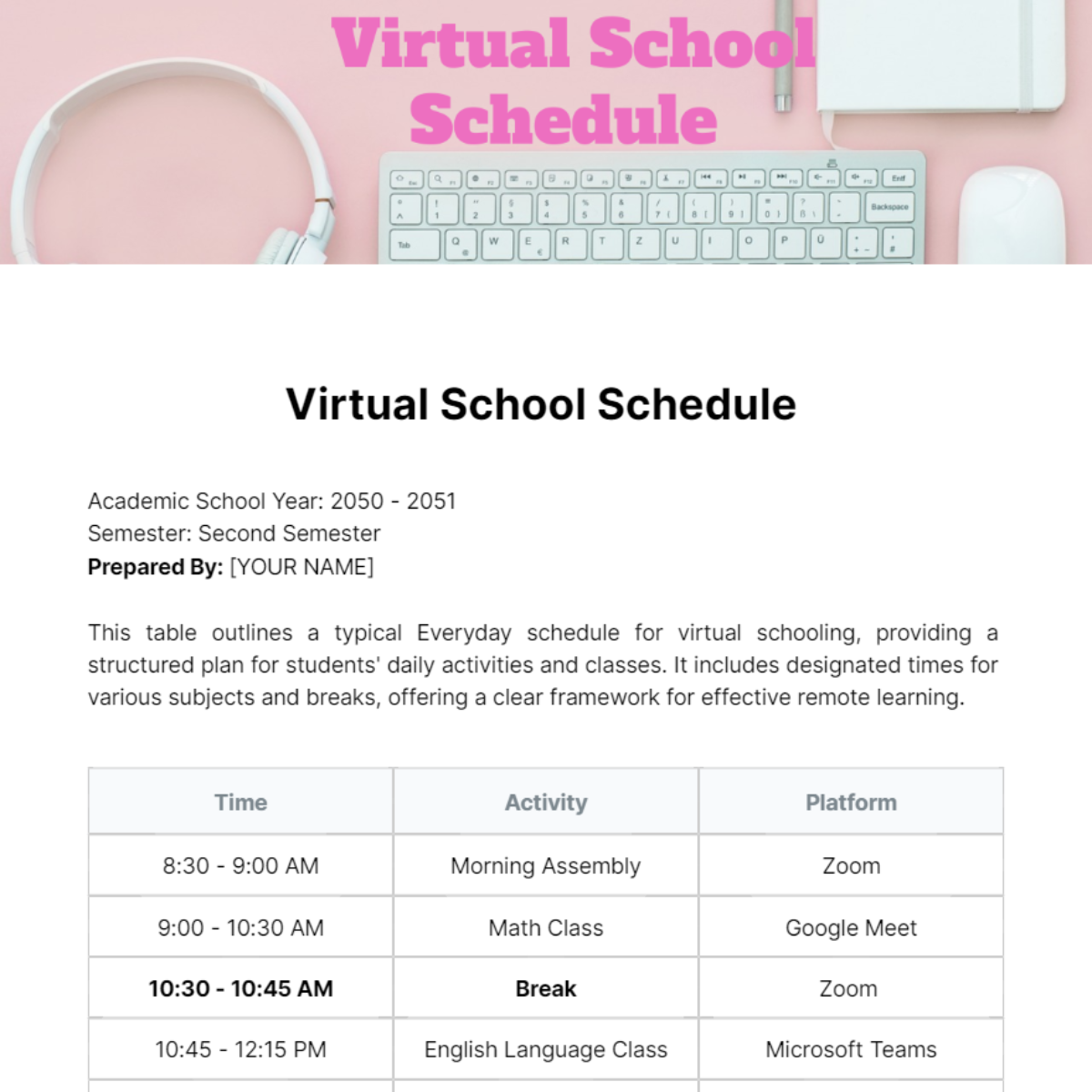 Virtual School Schedule Template