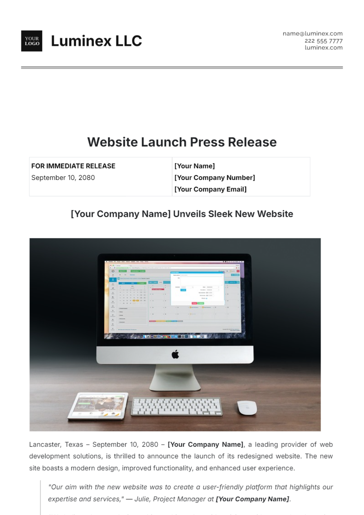 Free Website Launch Press Release Template - Edit Online & Download ...