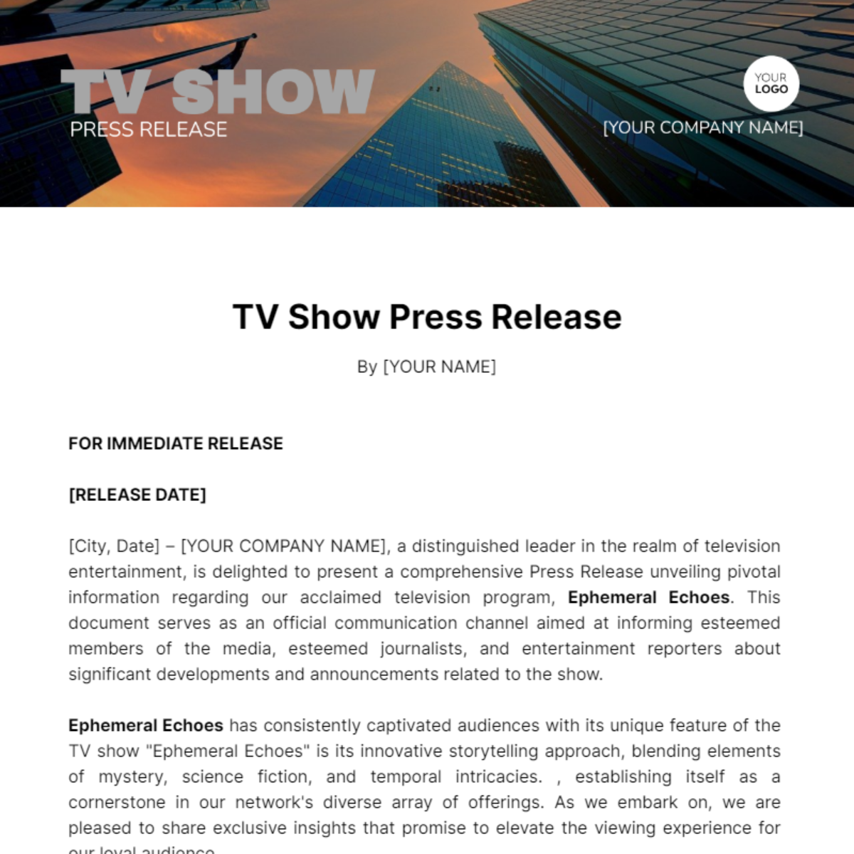 Tv Show Press Release Template