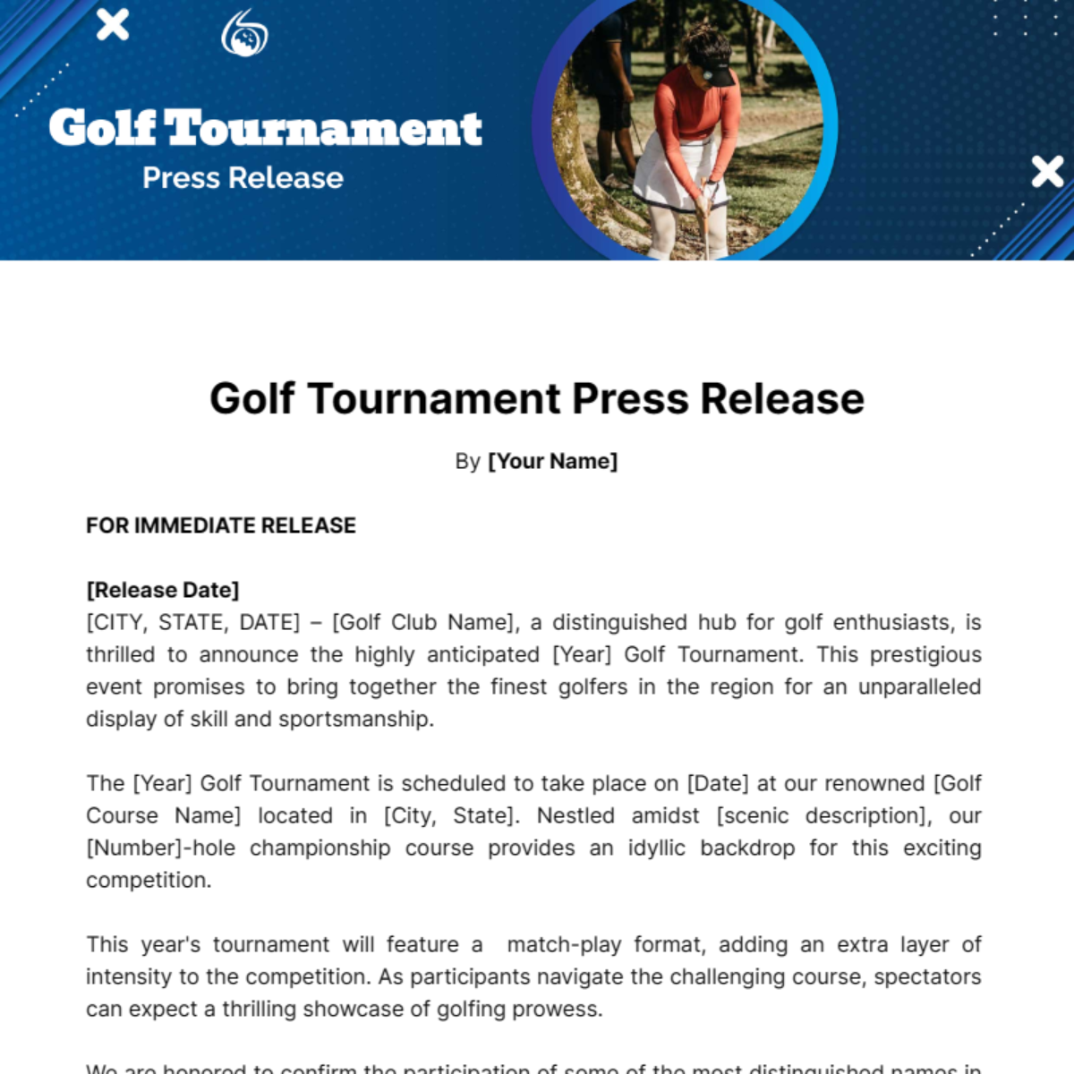 Golf Tournament Press Release Template