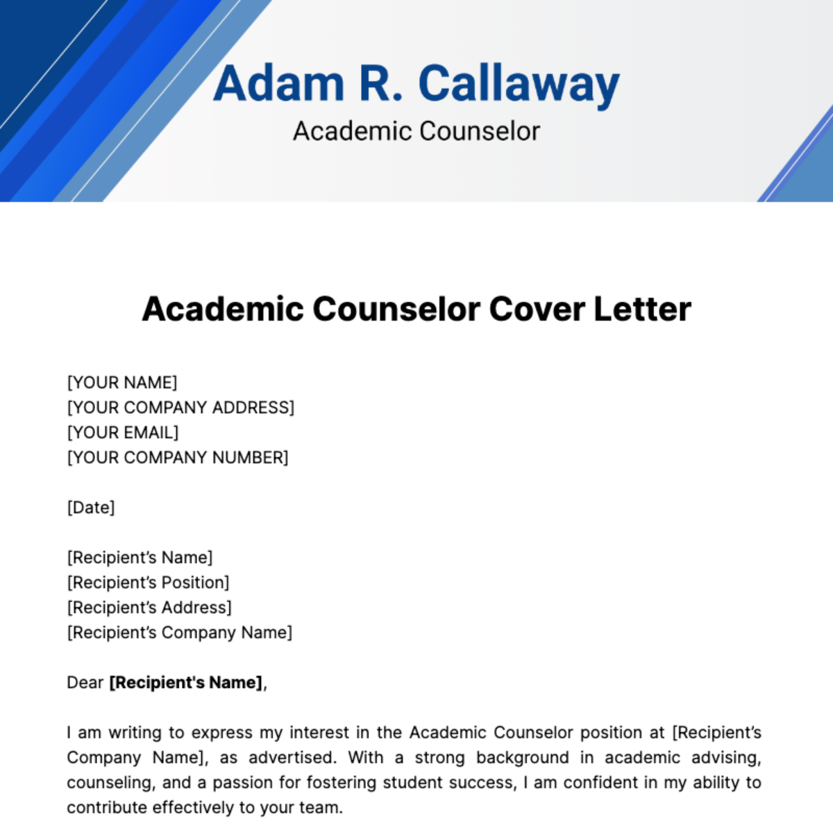 Academic Counselor Cover Letter Template