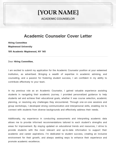 Free Academic Counselor Cover Letter to Edit Online