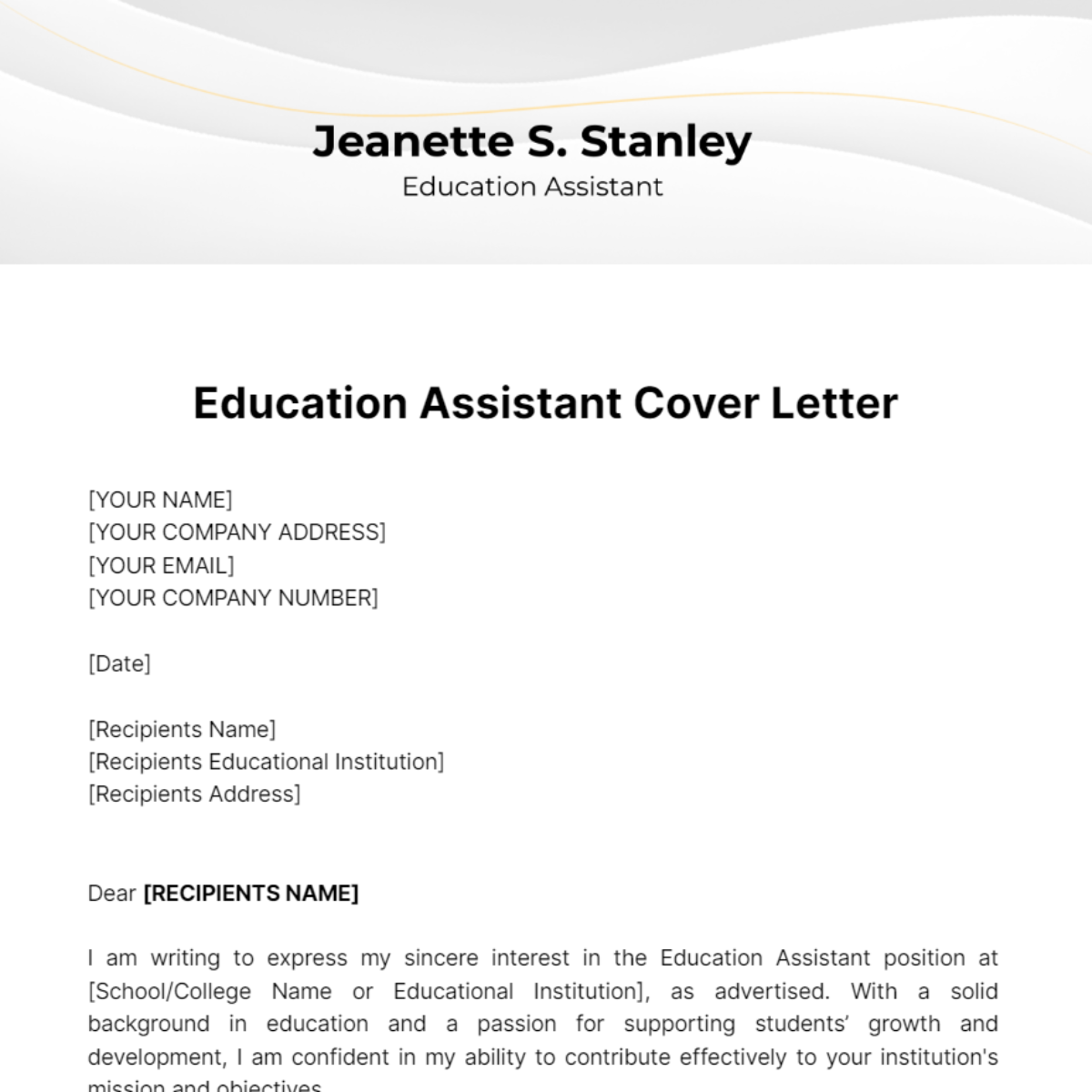Free Education Assistant Cover Letter Template