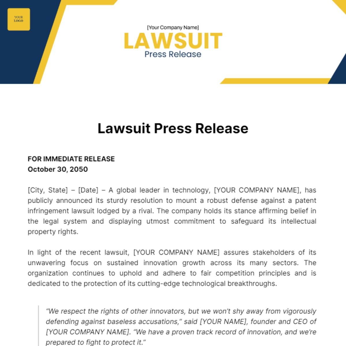 Lawsuit Press Release Template