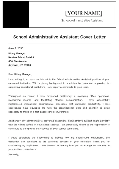 Free School Administrative Assistant Cover Letter to Edit Online