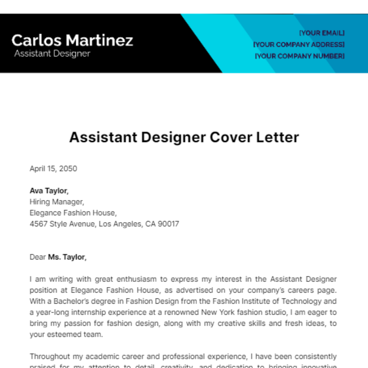 Assistant Designer Cover Letter Template