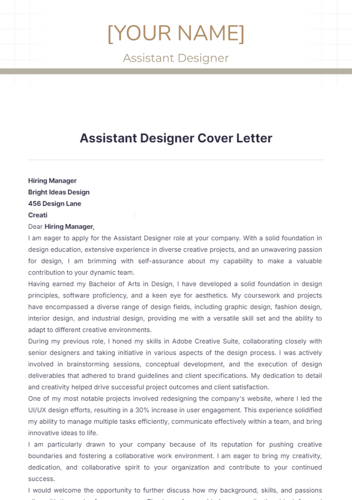 Assistant Designer Cover Letter - Edit Online & Download