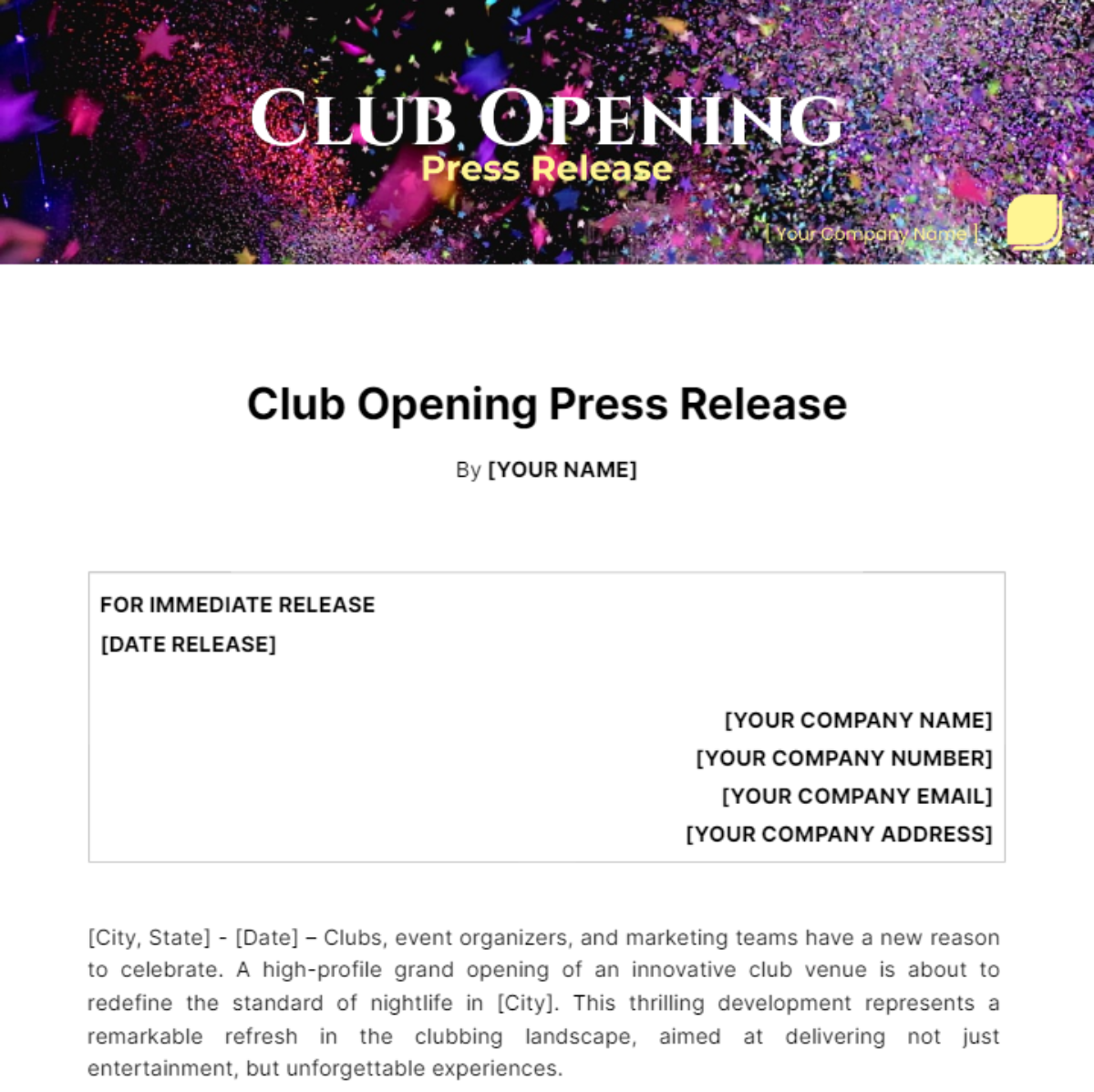 Club Opening Press Release Template