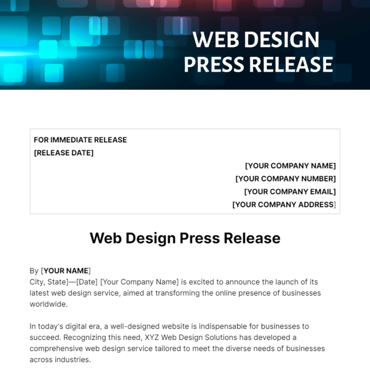 Free Web Design Press Release Template