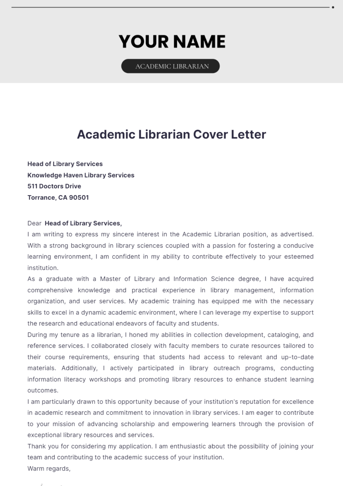 Academic Librarian Cover Letter