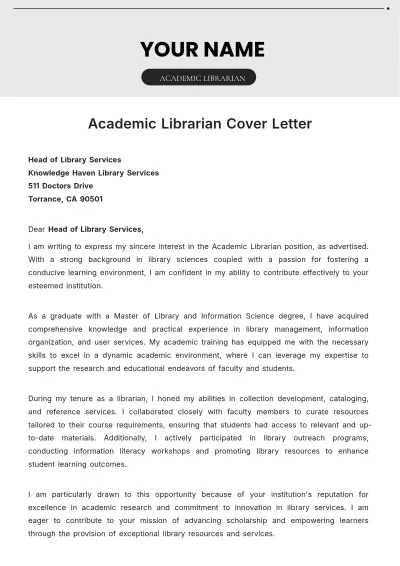 Free Academic Librarian Cover Letter to Edit Online