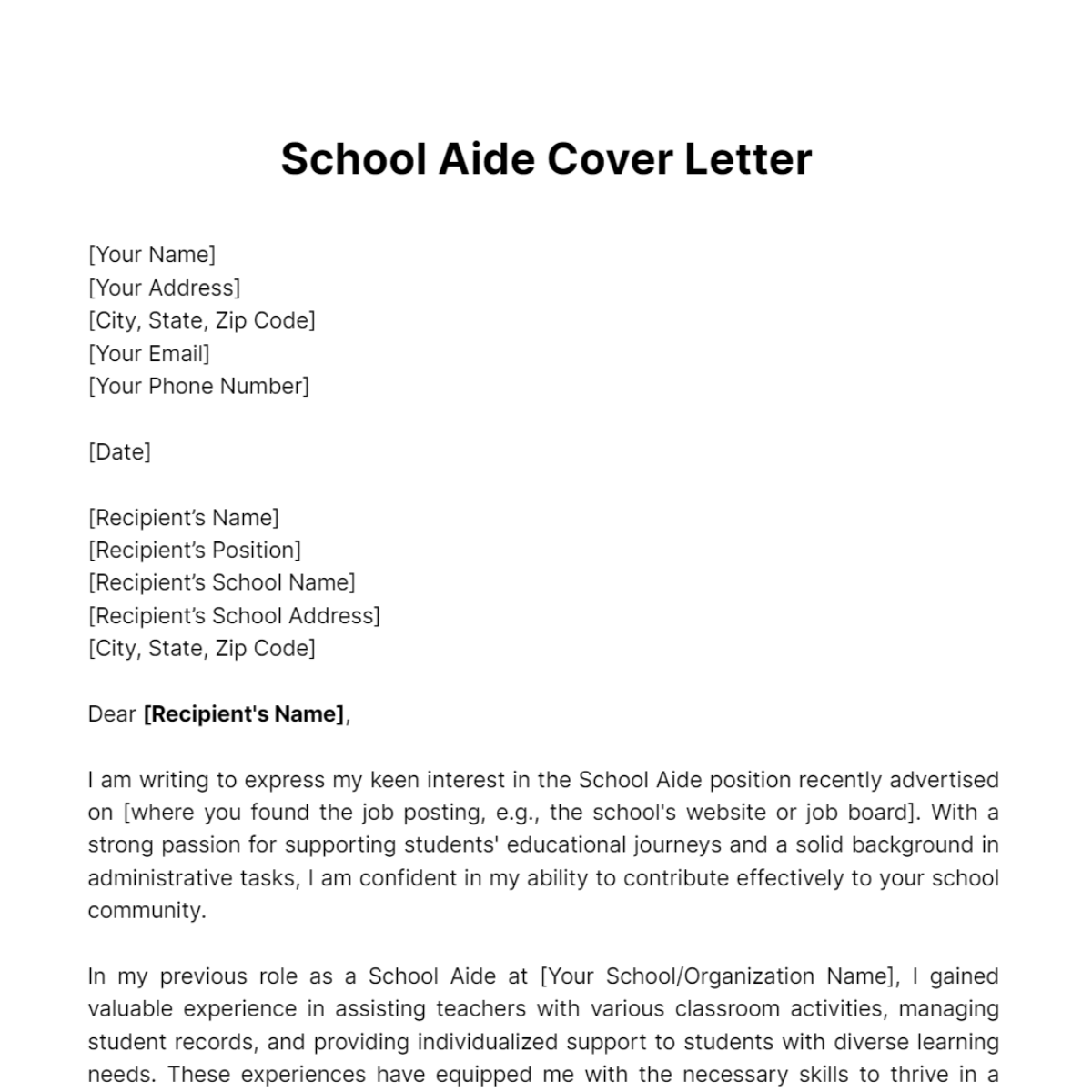 sample cover letter for school aide position