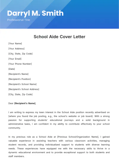 Free School Aide Cover Letter Template to Edit Online