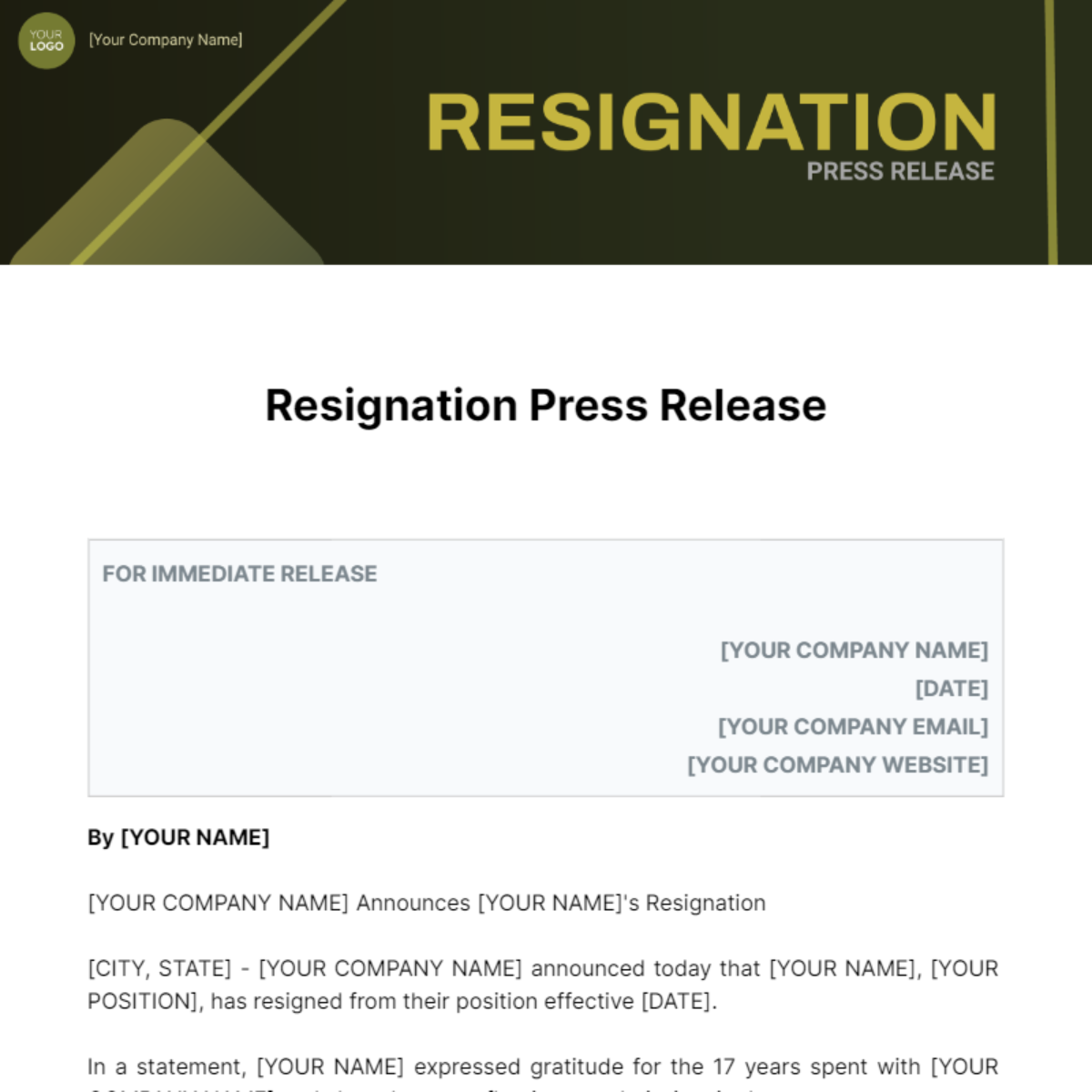 Resignation Press Release Template