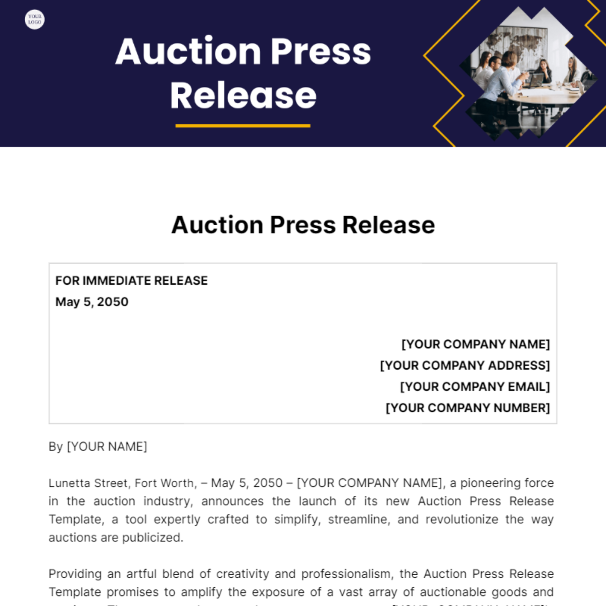 Auction Press Release Template