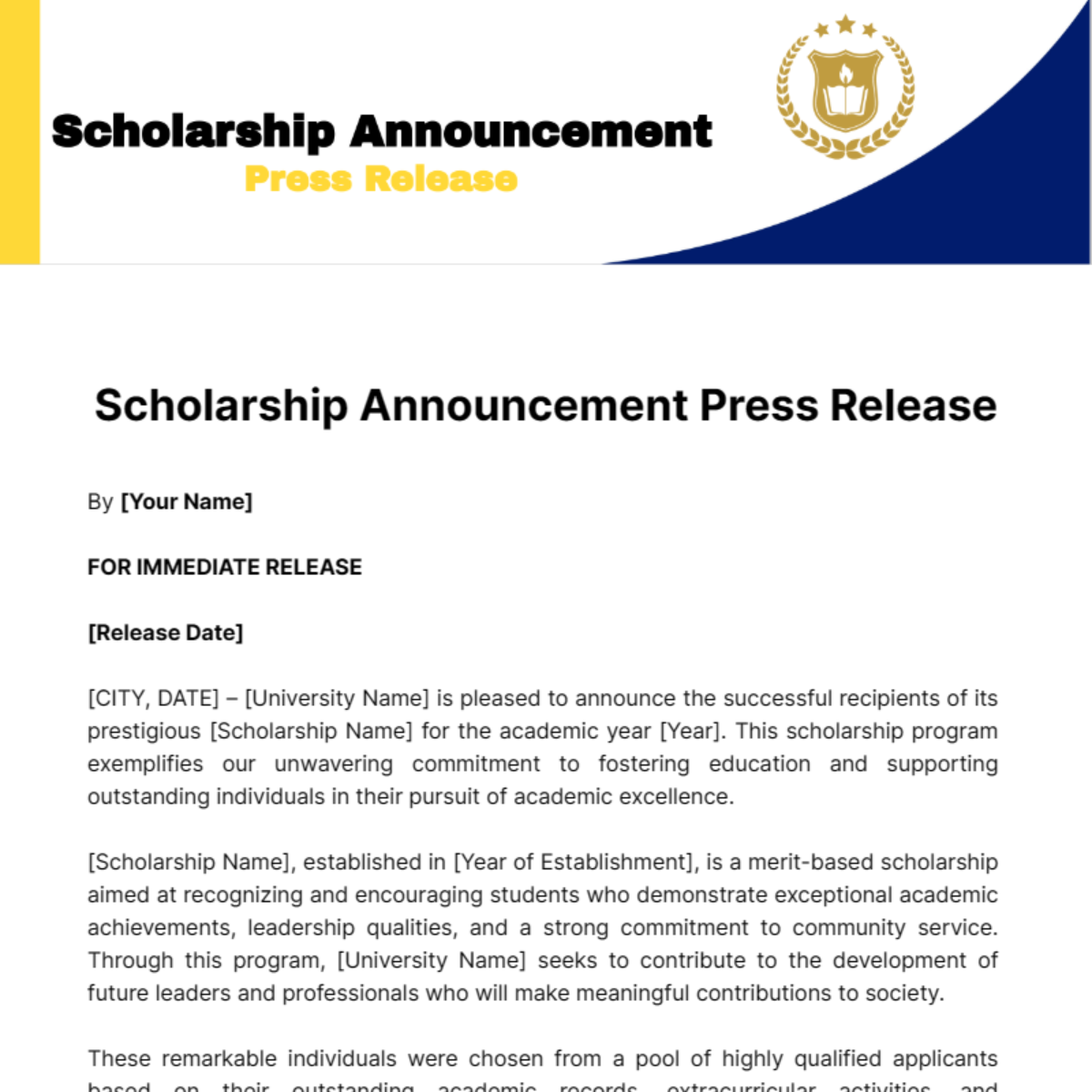 Scholarship Announcement Press Release Template
