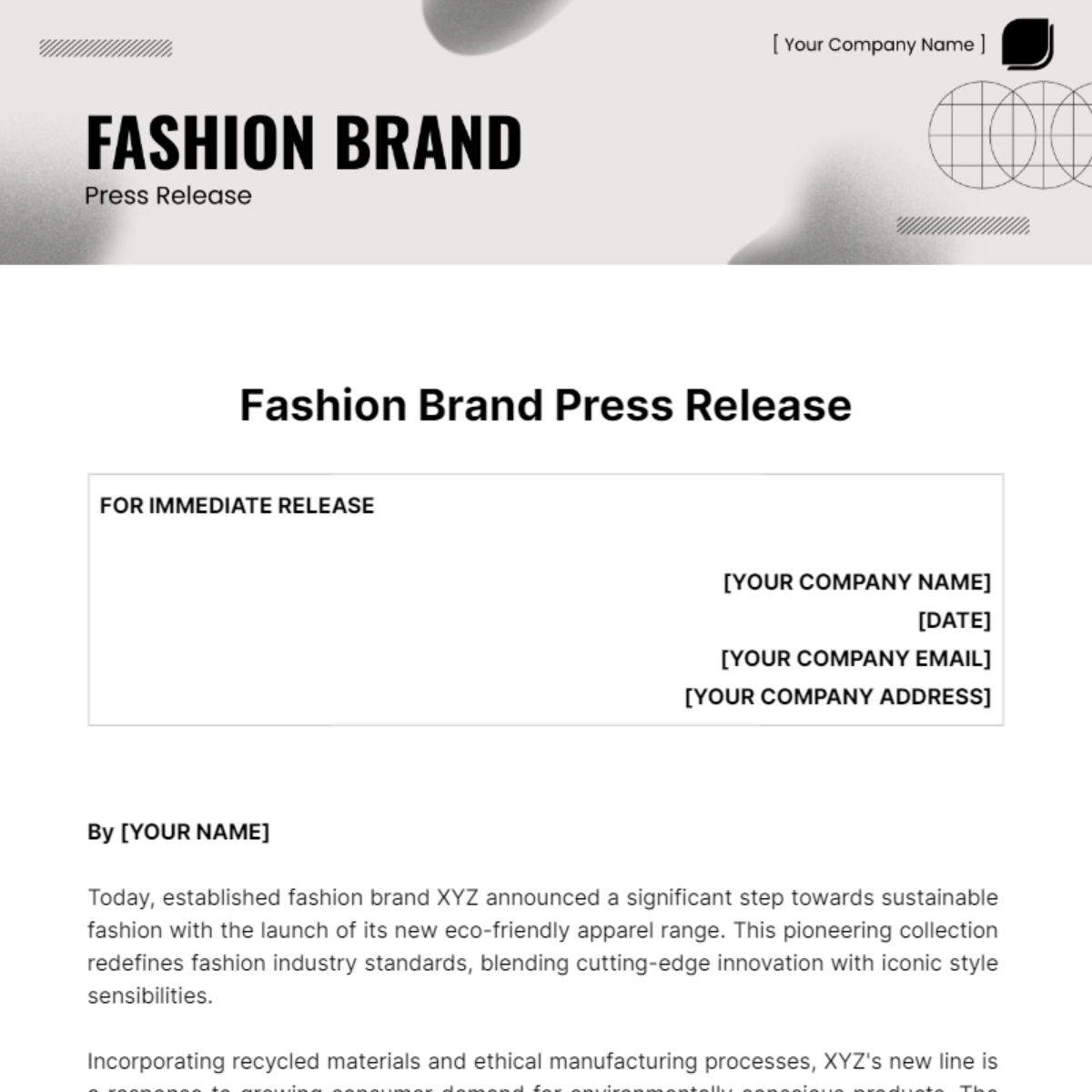 Fashion Brand Press Release Template
