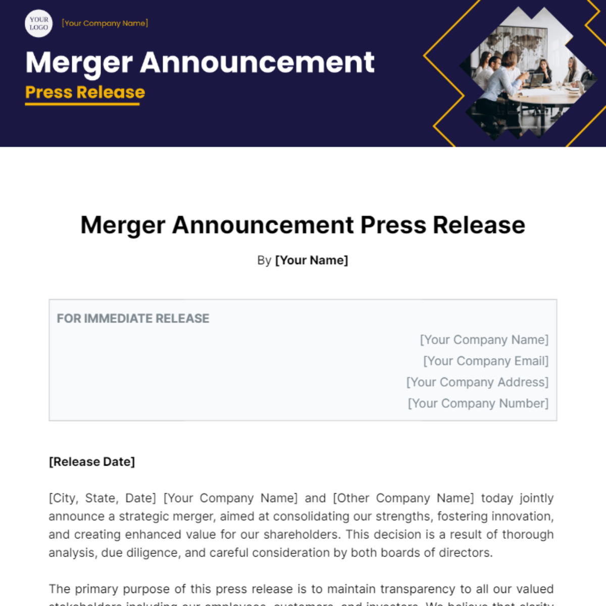 Free Merger Announcement Press Release Template