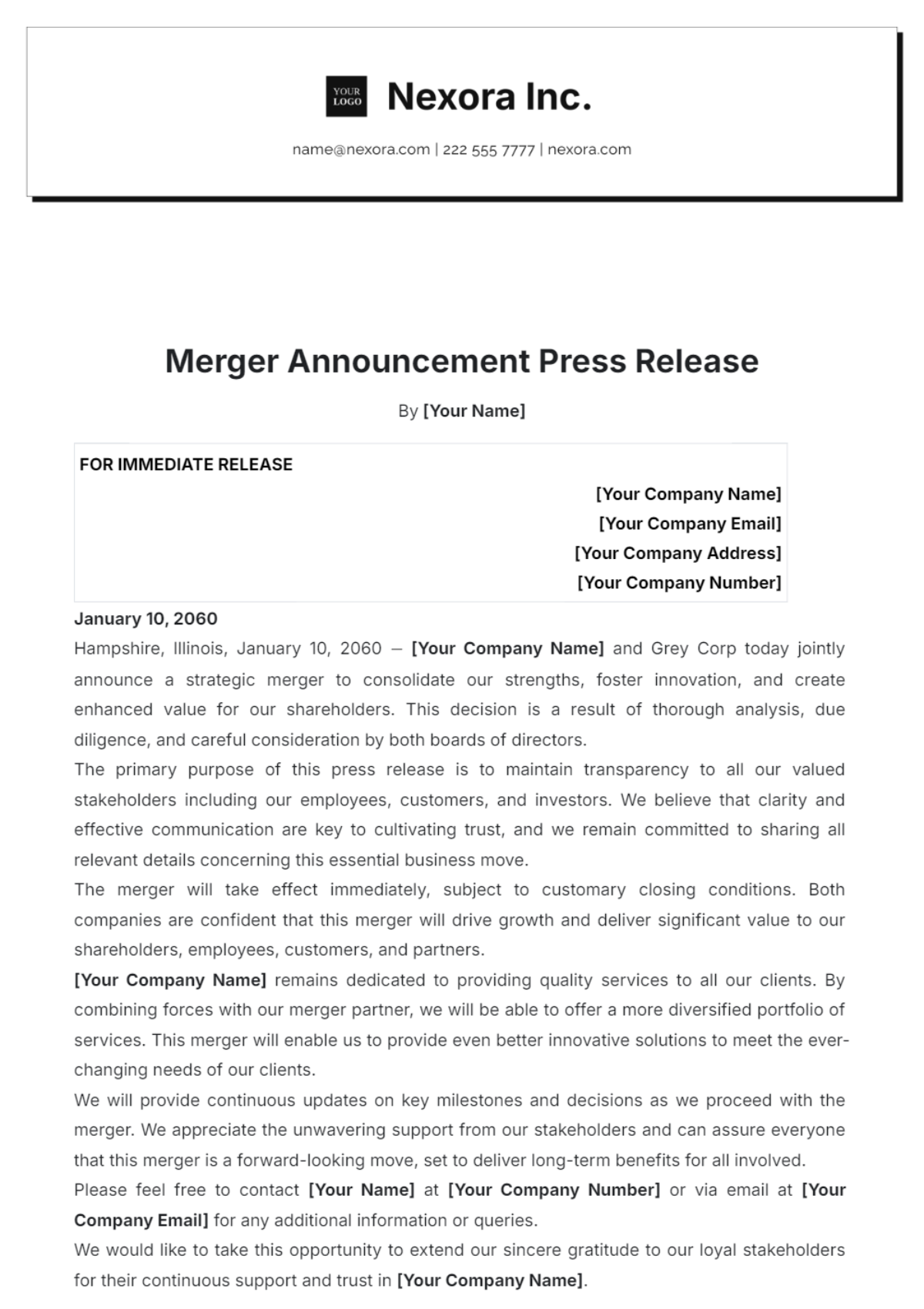 Printable Merger Announcement Press Release Template - Edit Online & Download