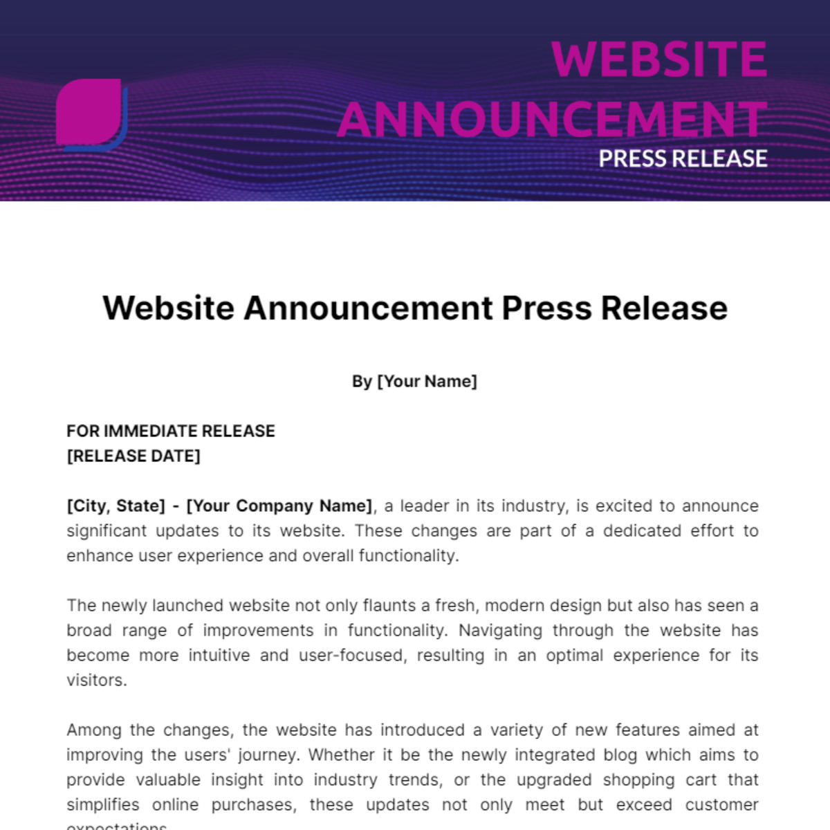 Free Website Announcement Press Release Template