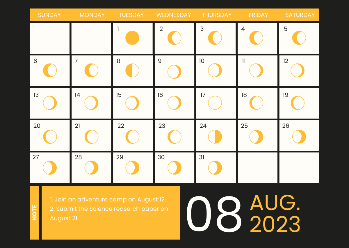 Free August 2023 Calendar Template With Moon Phases