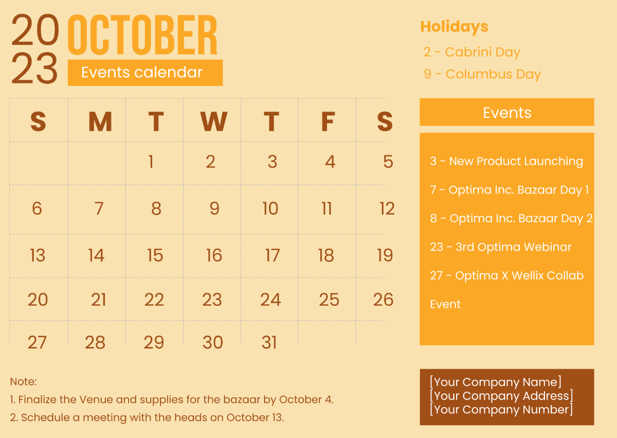 October 2023 Calendar Template With Holidays