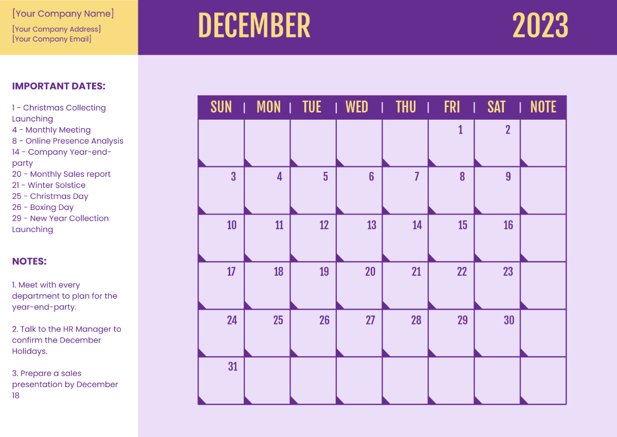 Free December 2023 Calendar  With Holidays