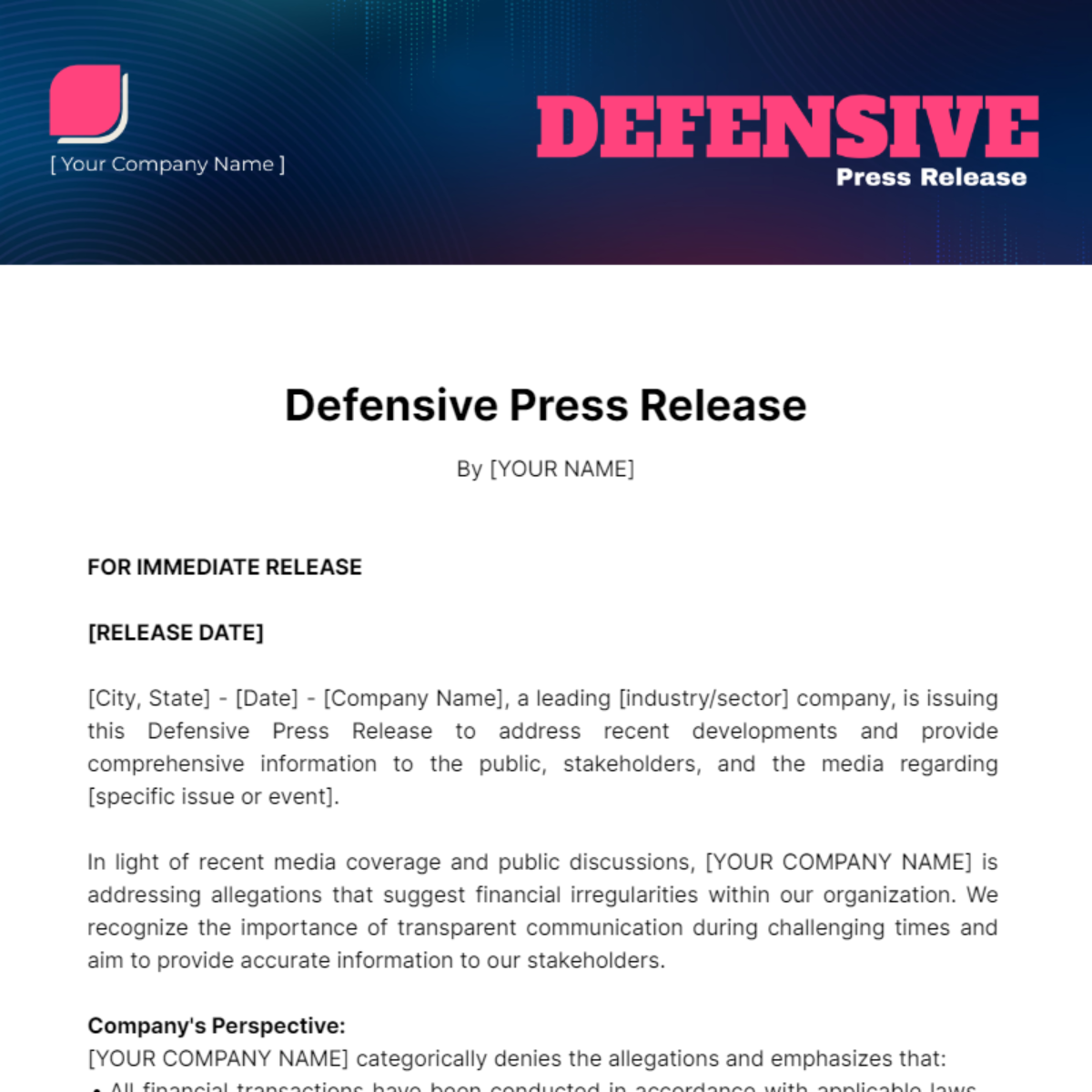Defensive Press Release Template