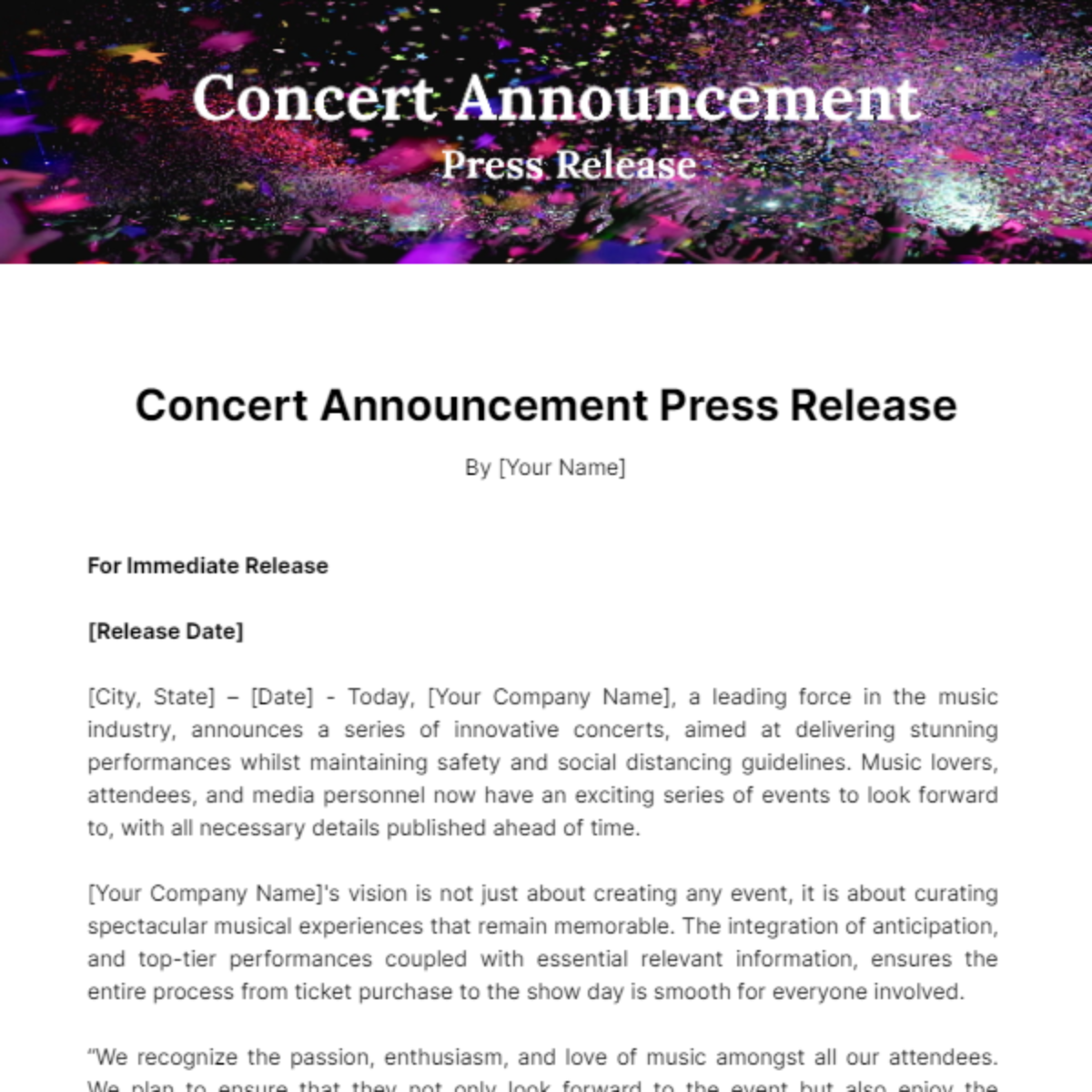 Free Concert Announcement Press Release Template