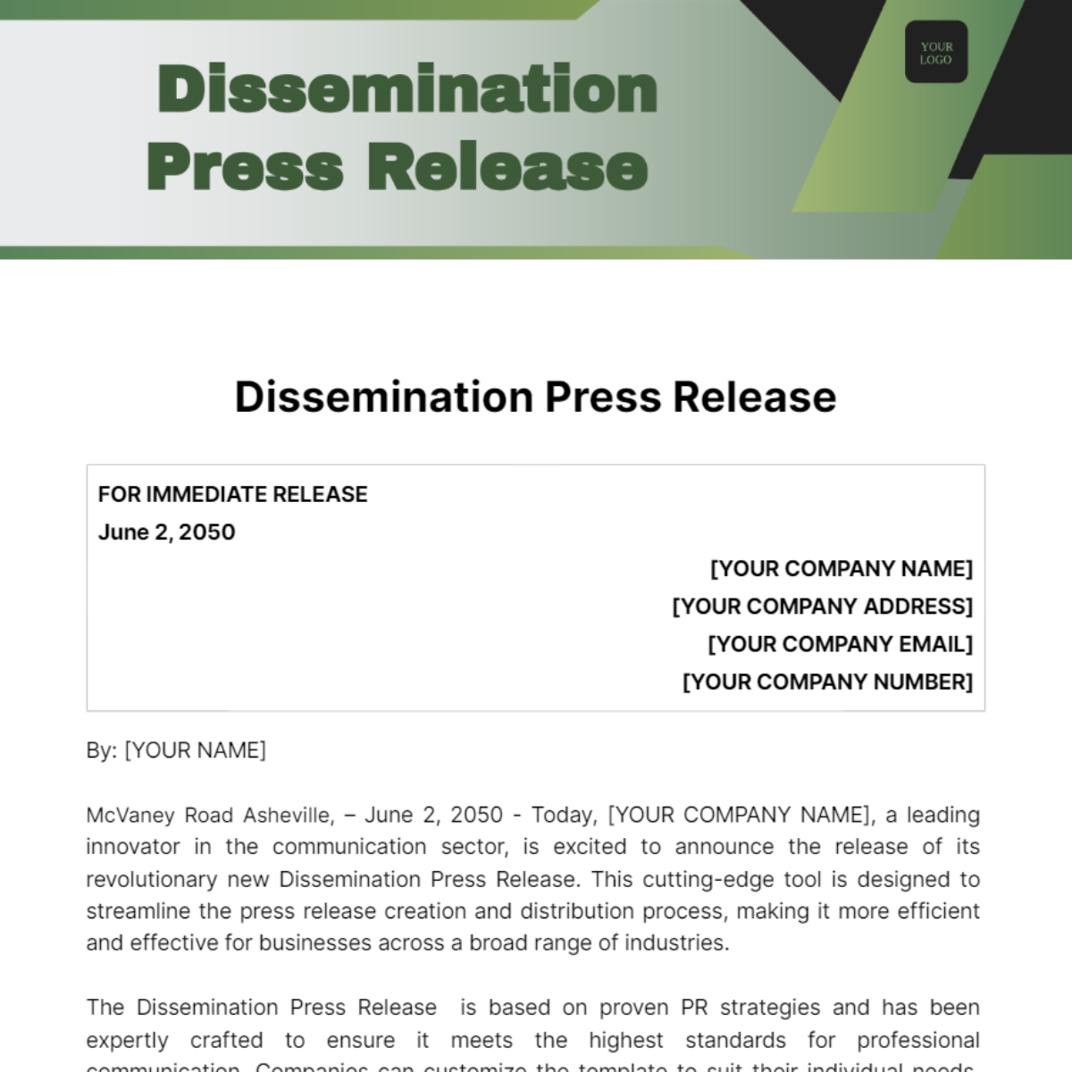 Free Dissemination Press Release Template