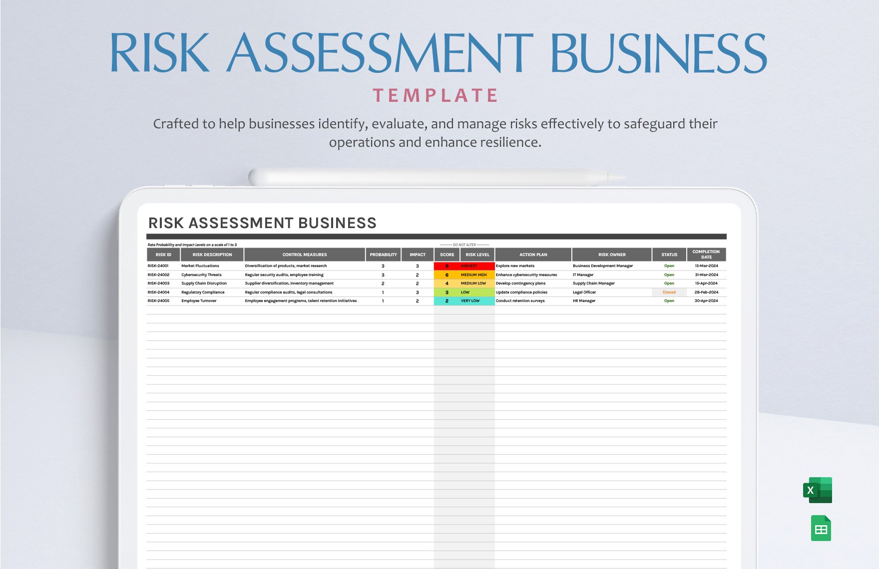 Risk Assessment Business Template in Excel, Google Sheets