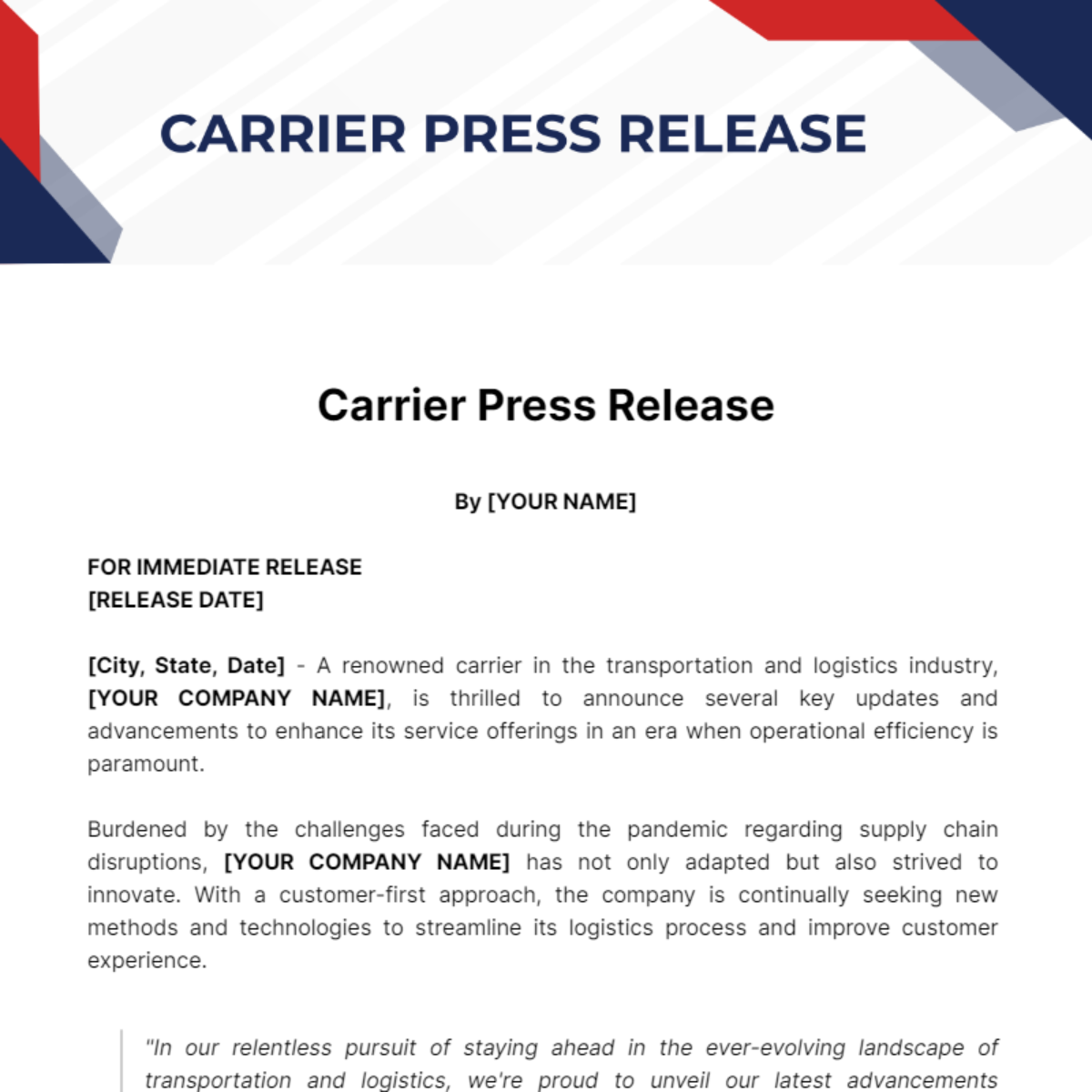 Carrier Press Release Template