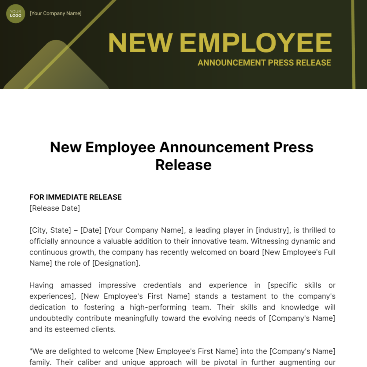 Free New Employee Announcement Press Release Template